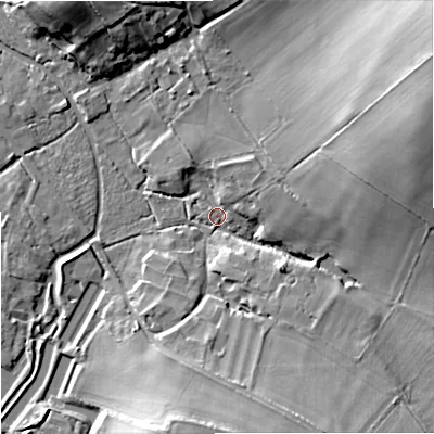 Shaded relief map of the ground around BA127EA, computed from Environment Agency LiDAR. The ground here sits at about 116 m above sea level and falls 18 m across the surrounding 800 m. Surface water reaching this point runs off ground lying to the east-north-east, 17.0 m higher.