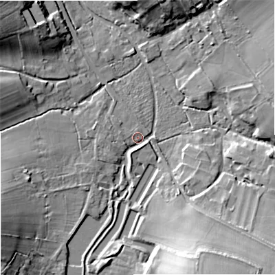 Shaded relief map of the ground around BA127EB, computed from Environment Agency LiDAR. The ground here sits at about 116 m above sea level and falls 17 m across the surrounding 800 m. Surface water reaching this point runs off ground lying to the south-west, 13.1 m higher.