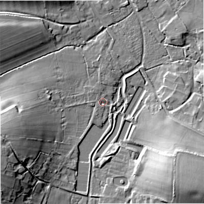 Shaded relief map of the ground around BA127EF, computed from Environment Agency LiDAR. The ground here sits at about 117 m above sea level and falls 18 m across the surrounding 800 m. Surface water reaching this point runs off ground lying to the west-south-west, 16.3 m higher.