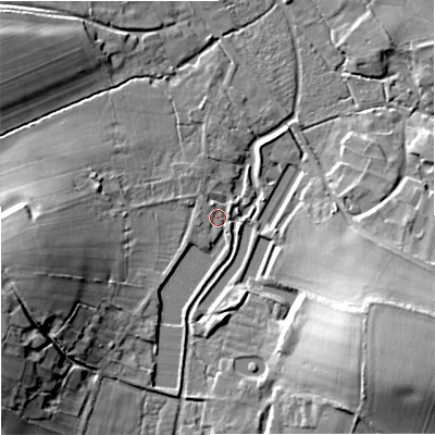 Shaded relief map of the ground around BA127EH, computed from Environment Agency LiDAR. The ground here sits at about 117 m above sea level and falls 18 m across the surrounding 800 m. Surface water reaching this point runs off ground lying to the west-south-west, 15.3 m higher.