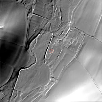 Shaded relief map of the ground around BA127EL, computed from Environment Agency LiDAR. The ground here sits at about 123 m above sea level and falls 54 m across the surrounding 800 m. Surface water reaching this point runs off ground lying to the east-south-east, 1.8 m higher.