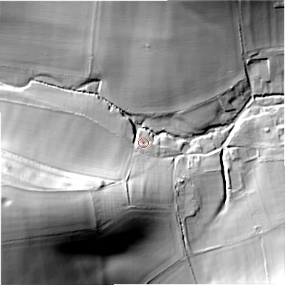 Shaded relief map of the ground around BA127HF, computed from Environment Agency LiDAR. The ground here sits at about 134 m above sea level and falls 67 m across the surrounding 800 m. Surface water reaching this point runs off ground lying to the south-west, 43.2 m higher.