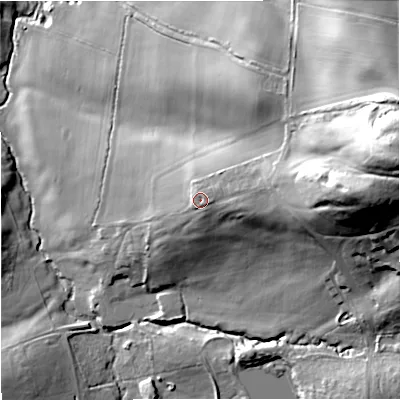 Shaded relief map of the ground around BA127NE, computed from Environment Agency LiDAR. The ground here sits at about 121 m above sea level and falls 62 m across the surrounding 800 m. Surface water reaching this point runs off ground lying to the east-north-east, 4.5 m higher.