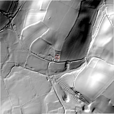 Shaded relief map of the ground around BA127QD, computed from Environment Agency LiDAR. The ground here sits at about 99 m above sea level and falls 41 m across the surrounding 800 m. Surface water reaching this point runs off ground lying to the north-north-east, 24.5 m higher.