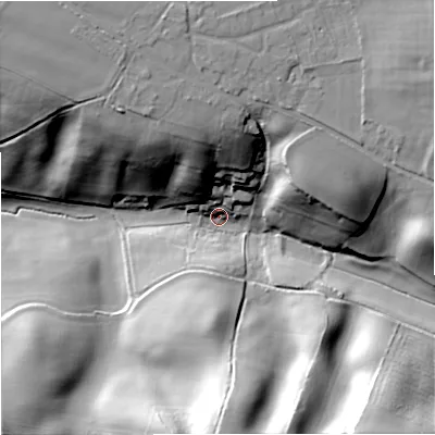 Shaded relief map of the ground around BA127QL, computed from Environment Agency LiDAR. The ground here sits at about 109 m above sea level and falls 43 m across the surrounding 800 m. Surface water reaching this point runs off ground lying to the south, 35.7 m higher.