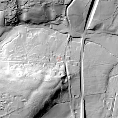 Shaded relief map of the ground around BA128AJ, computed from Environment Agency LiDAR. The ground here sits at about 126 m above sea level and falls 56 m across the surrounding 800 m. Surface water reaching this point runs off ground lying to the south-west, 41.7 m higher.