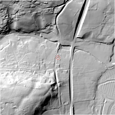 Shaded relief map of the ground around BA128AN, computed from Environment Agency LiDAR. The ground here sits at about 121 m above sea level and falls 55 m across the surrounding 800 m. Surface water reaching this point runs off ground lying to the south-south-west, 37.2 m higher.
