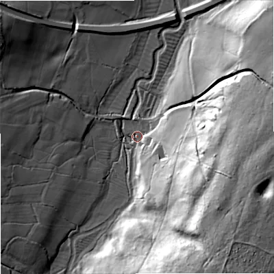 Shaded relief map of the ground around BA128BB, computed from Environment Agency LiDAR. The ground here sits at about 110 m above sea level and falls 56 m across the surrounding 800 m. Surface water reaching this point runs off ground lying to the south-east, 54.9 m higher.