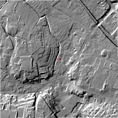 Shaded relief map of the ground around BA128BX, computed from Environment Agency LiDAR. The ground here sits at about 112 m above sea level and falls 16 m across the surrounding 800 m. Surface water reaching this point runs off ground lying to the south-south-west, 15.5 m higher.