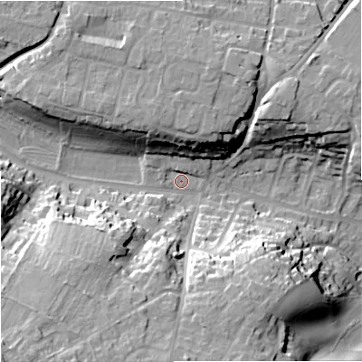 Shaded relief map of the ground around BA128DA, computed from Environment Agency LiDAR. The ground here sits at about 118 m above sea level and falls 34 m across the surrounding 800 m. Surface water reaching this point runs off ground lying to the south-west, 28.3 m higher.