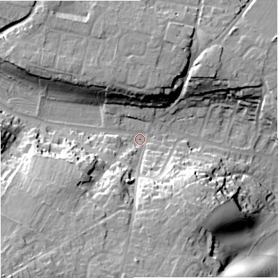 Shaded relief map of the ground around BA128DB, computed from Environment Agency LiDAR. The ground here sits at about 118 m above sea level and falls 35 m across the surrounding 800 m. Surface water reaching this point runs off ground lying to the south-west, 30.2 m higher.