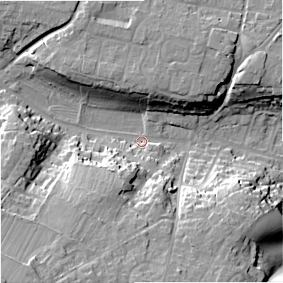 Shaded relief map of the ground around BA128DD, computed from Environment Agency LiDAR. The ground here sits at about 118 m above sea level and falls 36 m across the surrounding 800 m. Surface water reaching this point runs off ground lying to the south-west, 33.0 m higher.
