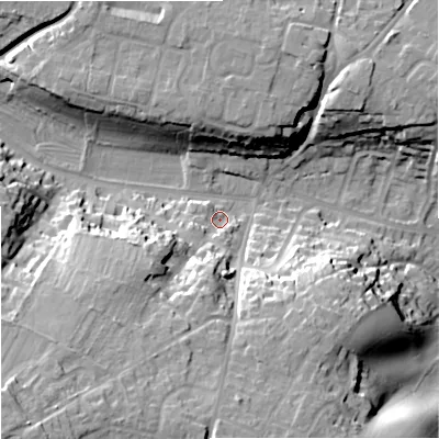 Shaded relief map of the ground around BA128DE, computed from Environment Agency LiDAR. The ground here sits at about 120 m above sea level and falls 36 m across the surrounding 800 m. Surface water reaching this point runs off ground lying to the south-west, 30.4 m higher.