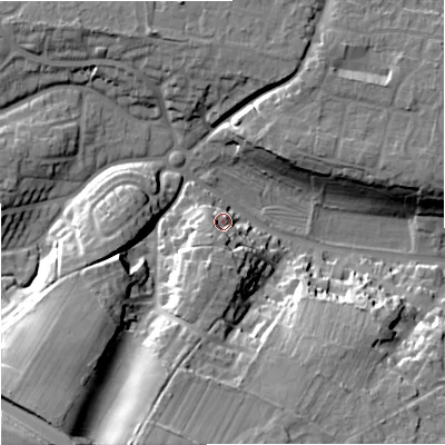 Shaded relief map of the ground around BA128DW, computed from Environment Agency LiDAR. The ground here sits at about 126 m above sea level and falls 36 m across the surrounding 800 m. Surface water reaching this point runs off ground lying to the south-south-west, 11.9 m higher.