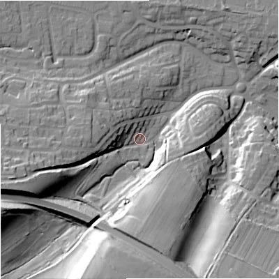 Shaded relief map of the ground around BA128EA, computed from Environment Agency LiDAR. The ground here sits at about 127 m above sea level and falls 35 m across the surrounding 800 m. Surface water reaching this point runs off ground lying to the west-south-west, 24.2 m higher.