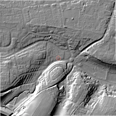 Shaded relief map of the ground around BA128EE, computed from Environment Agency LiDAR. The ground here sits at about 123 m above sea level and falls 27 m across the surrounding 800 m. Surface water reaching this point runs off ground lying to the south-south-west, 23.1 m higher.