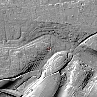 Shaded relief map of the ground around BA128EG, computed from Environment Agency LiDAR. The ground here sits at about 127 m above sea level and falls 27 m across the surrounding 800 m. Surface water reaching this point runs off ground lying to the west-south-west, 13.1 m higher.