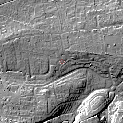 Shaded relief map of the ground around BA128EL, computed from Environment Agency LiDAR. The ground here sits at about 129 m above sea level and falls 26 m across the surrounding 800 m. Surface water reaching this point runs off ground lying to the west-north-west, 2.8 m higher.