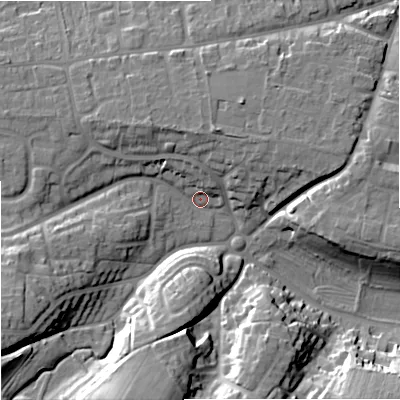 Shaded relief map of the ground around BA128EX, computed from Environment Agency LiDAR. The ground here sits at about 124 m above sea level and falls 25 m across the surrounding 800 m. Surface water reaching this point runs off ground lying to the west-south-west, 16.0 m higher.