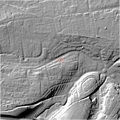 Shaded relief map of the ground around BA128EY, computed from Environment Agency LiDAR. The ground here sits at about 127 m above sea level and falls 30 m across the surrounding 800 m. Surface water reaching this point runs off ground lying to the south-west, 23.5 m higher.