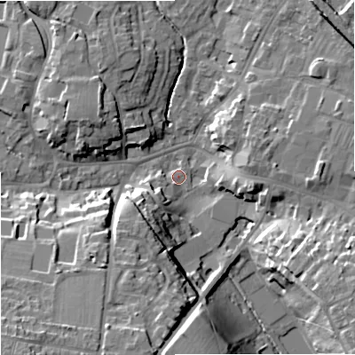Shaded relief map of the ground around BA128FG, computed from Environment Agency LiDAR. The ground here sits at about 112 m above sea level and falls 22 m across the surrounding 800 m. Surface water reaching this point runs off ground lying to the south-south-west, 18.2 m higher.