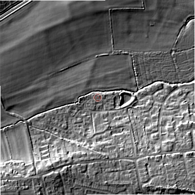 Shaded relief map of the ground around BA128FN, computed from Environment Agency LiDAR. The ground here sits at about 122 m above sea level and falls 20 m across the surrounding 800 m. Surface water reaching this point runs off ground lying to the south-west, 12.1 m higher.