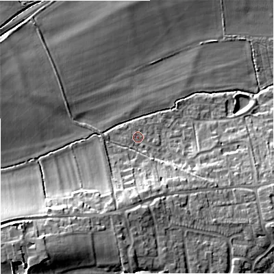 Shaded relief map of the ground around BA128FP, computed from Environment Agency LiDAR. The ground here sits at about 124 m above sea level and falls 21 m across the surrounding 800 m. Surface water reaching this point runs off ground lying to the south-south-west, 8.9 m higher.