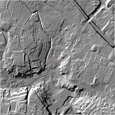 Shaded relief map of the ground around BA128FU, computed from Environment Agency LiDAR. The ground here sits at about 112 m above sea level and falls 19 m across the surrounding 800 m. Surface water reaching this point runs off ground lying to the east, 3.2 m higher.