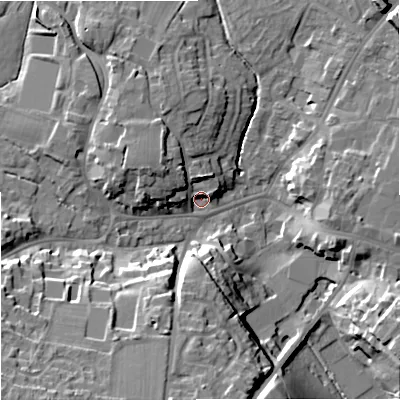 Shaded relief map of the ground around BA128FY, computed from Environment Agency LiDAR. The ground here sits at about 112 m above sea level and falls 21 m across the surrounding 800 m. Surface water reaching this point runs off ground lying to the south-west, 19.3 m higher.