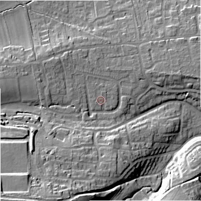 Shaded relief map of the ground around BA128HS, computed from Environment Agency LiDAR. The ground here sits at about 130 m above sea level and falls 29 m across the surrounding 800 m. Surface water reaching this point runs off ground lying to the north-north-east, 1.1 m higher.