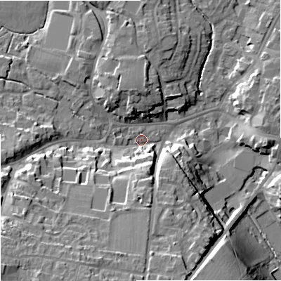 Shaded relief map of the ground around BA128JA, computed from Environment Agency LiDAR. The ground here sits at about 113 m above sea level and falls 23 m across the surrounding 800 m. Surface water reaching this point runs off ground lying to the south-west, 19.1 m higher.