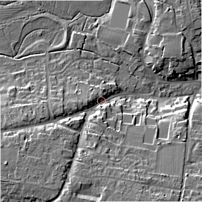 Shaded relief map of the ground around BA128JF, computed from Environment Agency LiDAR. The ground here sits at about 119 m above sea level and falls 21 m across the surrounding 800 m. Surface water reaching this point runs off ground lying to the south-west, 14.5 m higher.