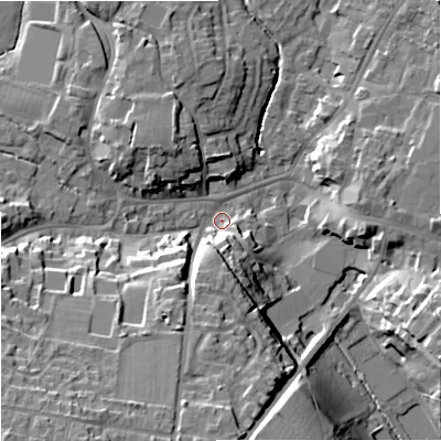 Shaded relief map of the ground around BA128LA, computed from Environment Agency LiDAR. The ground here sits at about 112 m above sea level and falls 23 m across the surrounding 800 m. Surface water reaching this point runs off ground lying to the south-west, 20.8 m higher.