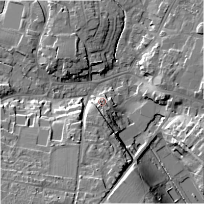 Shaded relief map of the ground around BA128LB, computed from Environment Agency LiDAR. The ground here sits at about 117 m above sea level and falls 23 m across the surrounding 800 m. Surface water reaching this point runs off ground lying to the south-south-west, 10.5 m higher.