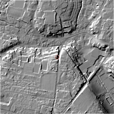 Shaded relief map of the ground around BA128LJ, computed from Environment Agency LiDAR. The ground here sits at about 122 m above sea level and falls 24 m across the surrounding 800 m. Surface water reaching this point runs off ground lying to the south, 11.5 m higher.