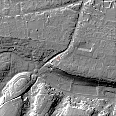Shaded relief map of the ground around BA128NS, computed from Environment Agency LiDAR. The ground here sits at about 129 m above sea level and falls 25 m across the surrounding 800 m. Surface water reaching this point runs off ground lying to the east, 8.0 m higher.
