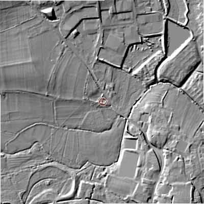 Shaded relief map of the ground around BA128PA, computed from Environment Agency LiDAR. The ground here sits at about 114 m above sea level and falls 10 m across the surrounding 800 m. Surface water reaching this point runs off ground lying to the west-north-west, 7.7 m higher.