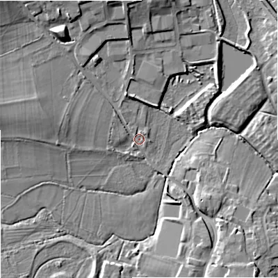 Shaded relief map of the ground around BA128PD, computed from Environment Agency LiDAR. The ground here sits at about 114 m above sea level and falls 11 m across the surrounding 800 m. Surface water reaching this point runs off ground lying to the north-west, 7.8 m higher.