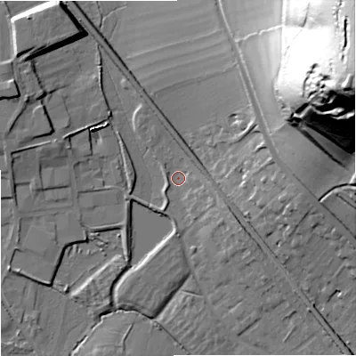Shaded relief map of the ground around BA128PR, computed from Environment Agency LiDAR. The ground here sits at about 113 m above sea level and falls 96 m across the surrounding 800 m. Surface water reaching this point runs off ground lying to the south-east, 6.7 m higher.