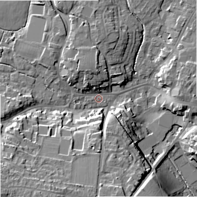 Shaded relief map of the ground around BA128PS, computed from Environment Agency LiDAR. The ground here sits at about 113 m above sea level and falls 22 m across the surrounding 800 m. Surface water reaching this point runs off ground lying to the north-north-west, 7.7 m higher.