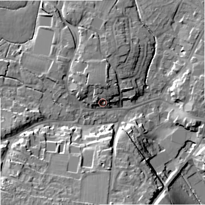 Shaded relief map of the ground around BA128PT, computed from Environment Agency LiDAR. The ground here sits at about 115 m above sea level and falls 22 m across the surrounding 800 m. Surface water reaching this point runs off ground lying to the north-north-west, 6.3 m higher.
