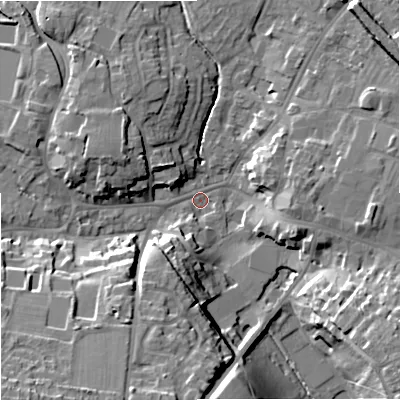 Shaded relief map of the ground around BA128QA, computed from Environment Agency LiDAR. The ground here sits at about 111 m above sea level and falls 22 m across the surrounding 800 m. Surface water reaching this point runs off ground lying to the south-west, 19.6 m higher.