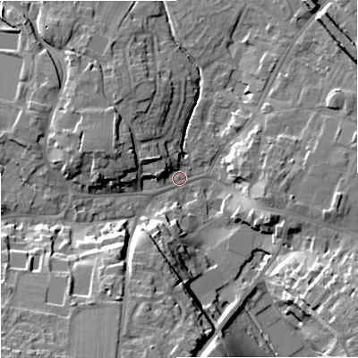 Shaded relief map of the ground around BA128QB, computed from Environment Agency LiDAR. The ground here sits at about 111 m above sea level and falls 21 m across the surrounding 800 m. Surface water reaching this point runs off ground lying to the south-west, 19.1 m higher.