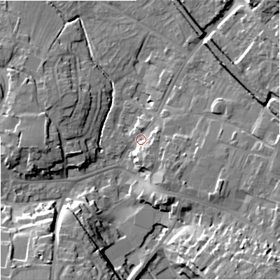 Shaded relief map of the ground around BA128QD, computed from Environment Agency LiDAR. The ground here sits at about 113 m above sea level and falls 19 m across the surrounding 800 m. Surface water reaching this point runs off ground lying to the south-east, 5.8 m higher.