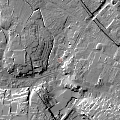 Shaded relief map of the ground around BA128QG, computed from Environment Agency LiDAR. The ground here sits at about 112 m above sea level and falls 17 m across the surrounding 800 m. Surface water reaching this point runs off ground lying to the south-east, 6.2 m higher.