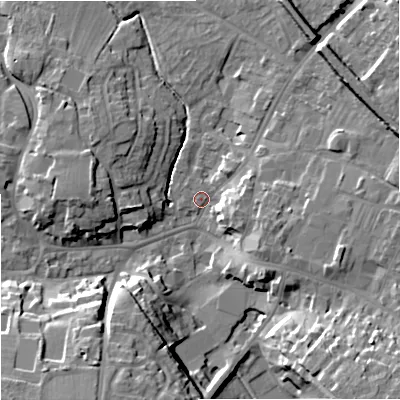 Shaded relief map of the ground around BA128QL, computed from Environment Agency LiDAR. The ground here sits at about 112 m above sea level and falls 17 m across the surrounding 800 m. Surface water reaching this point runs off ground lying to the south-south-west, 15.8 m higher.