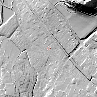 Shaded relief map of the ground around BA128QU, computed from Environment Agency LiDAR. The ground here sits at about 114 m above sea level and falls 87 m across the surrounding 800 m. Surface water reaching this point runs off ground lying to the north-east, 6.0 m higher.