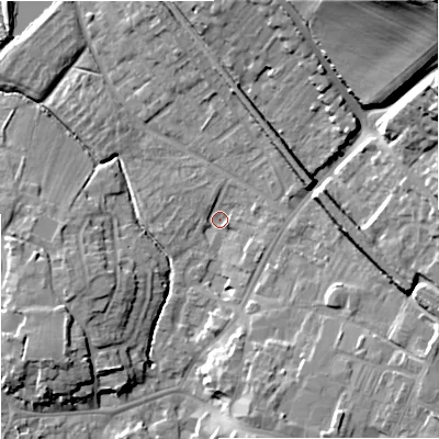 Shaded relief map of the ground around BA128RB, computed from Environment Agency LiDAR. The ground here sits at about 112 m above sea level and falls 44 m across the surrounding 800 m. Surface water reaching this point runs off ground lying to the east-north-east, 9.0 m higher.