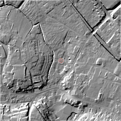 Shaded relief map of the ground around BA128RH, computed from Environment Agency LiDAR. The ground here sits at about 112 m above sea level and falls 23 m across the surrounding 800 m. Surface water reaching this point runs off ground lying to the north-east, 21.5 m higher.