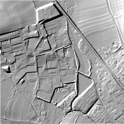 Shaded relief map of the ground around BA128RY, computed from Environment Agency LiDAR. The ground here sits at about 115 m above sea level and falls 23 m across the surrounding 800 m. Surface water reaching this point runs off ground lying to the west-north-west, 2.2 m higher.